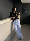 DAXUEN light blue oversized grid casual pants — model photo