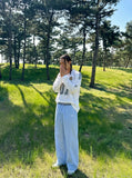 DAXUEN light blue oversized grid casual pants — model photo