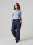 DAXUEN Light blue short-sleeved button-up shirt with pinstripes — model photo