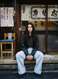 DAXUEN light blue pinstripe wide-leg pants — model photo