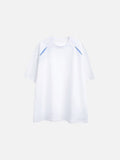 Model wearing an oversized white t-shirt with light blue shoulder panels from the DAXUEN We Know Ball collection.