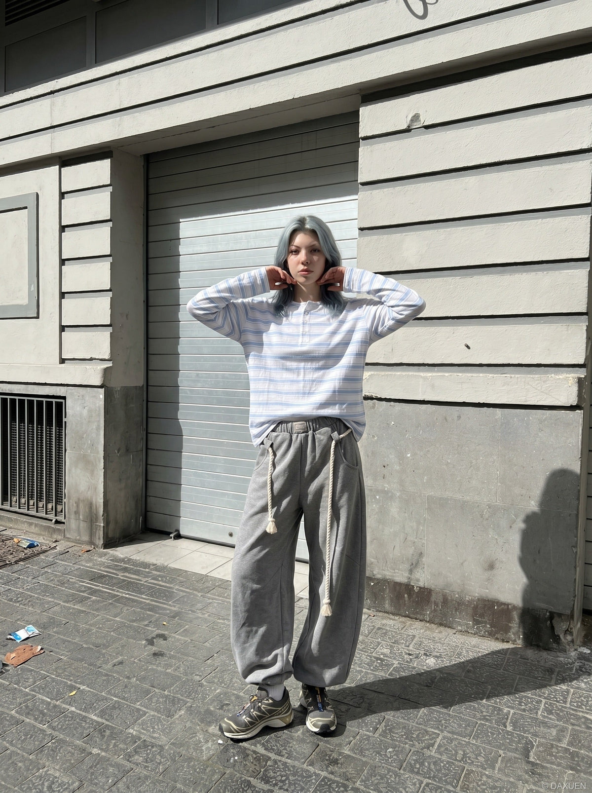DAXUEN white lightweight knit top with light blue stripes — model photo