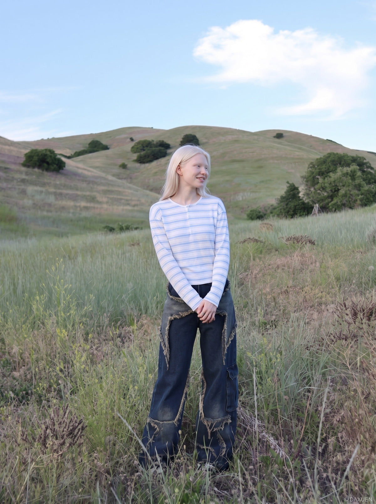 DAXUEN white lightweight knit top with light blue stripes — model photo