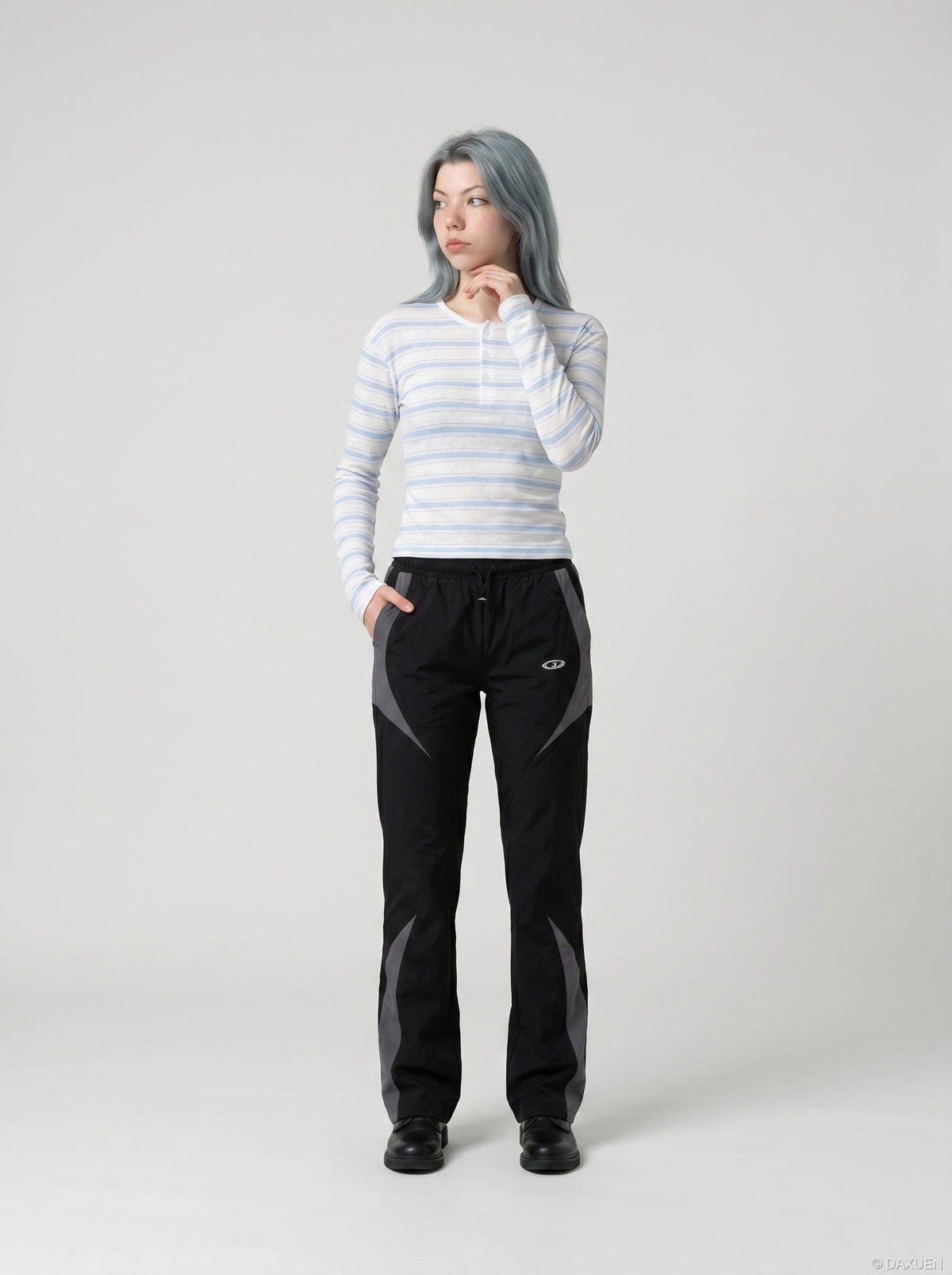 DAXUEN white lightweight knit top with light blue stripes — model photo