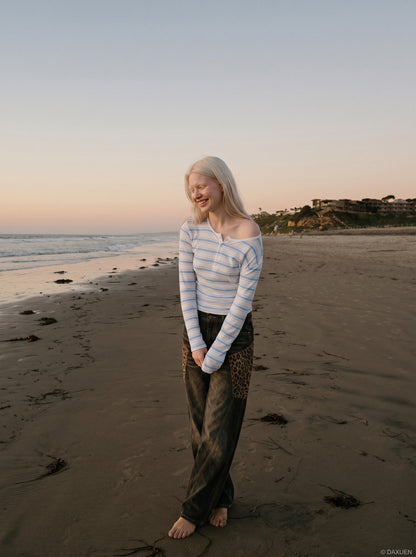 DAXUEN white lightweight knit top with light blue stripes — model photo