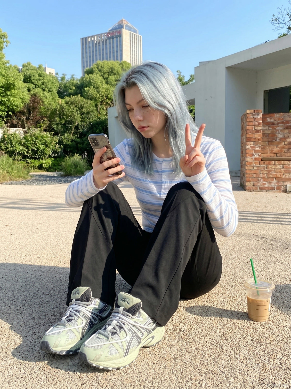 DAXUEN white lightweight knit top with light blue stripes — model photo