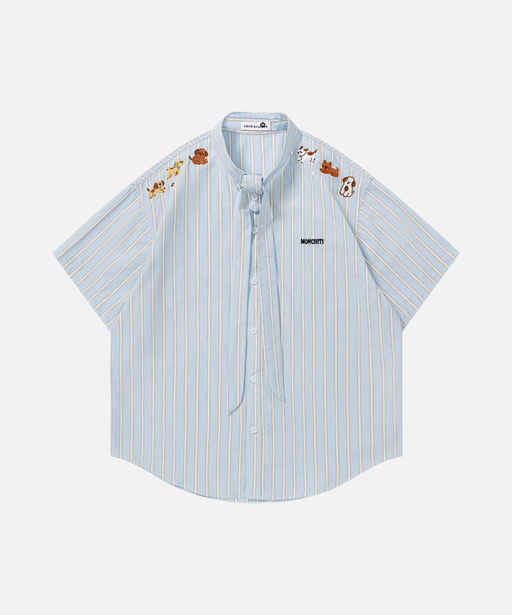 DAXUEN Light blue short-sleeved striped shirt with puppy embroidery