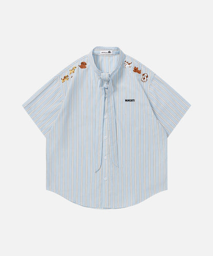 DAXUEN Light blue short-sleeved striped shirt with puppy embroidery