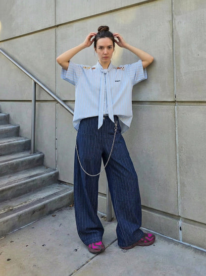 DAXUEN Light blue short-sleeved striped shirt with puppy embroidery — model photo