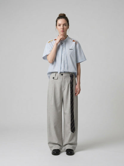 DAXUEN Light blue short-sleeved striped shirt with puppy embroidery — model photo