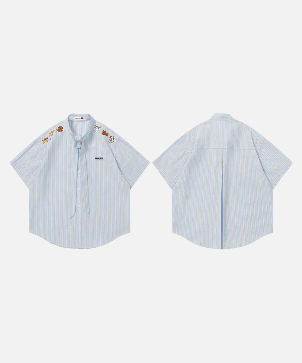 DAXUEN Light blue short-sleeved striped shirt with puppy embroidery