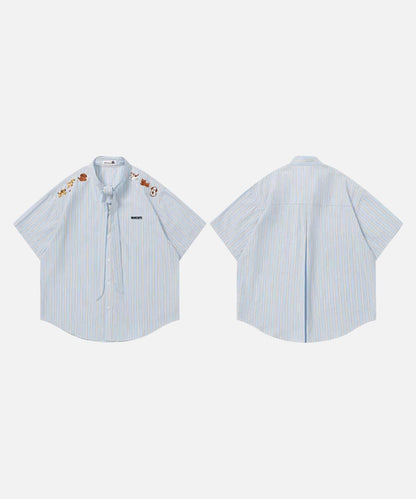 DAXUEN Light blue short-sleeved striped shirt with puppy embroidery