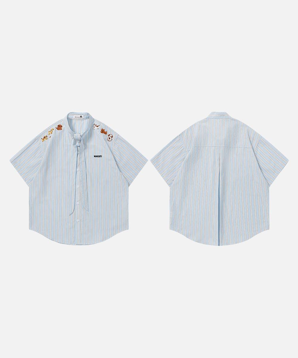 DAXUEN Light blue short-sleeved striped shirt with puppy embroidery