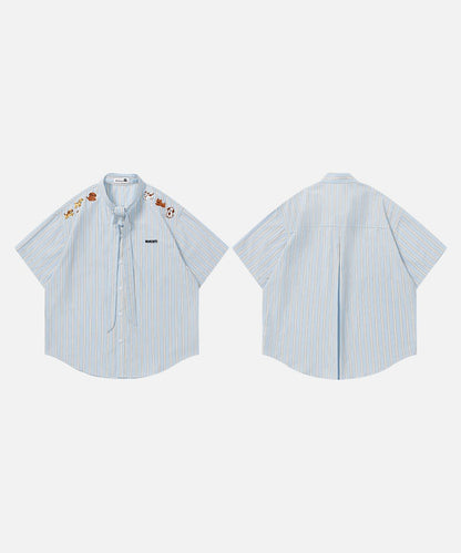 DAXUEN Light blue short-sleeved striped shirt with puppy embroidery