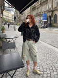 DAXUEN light blue striped wide-leg denim shorts — model photo