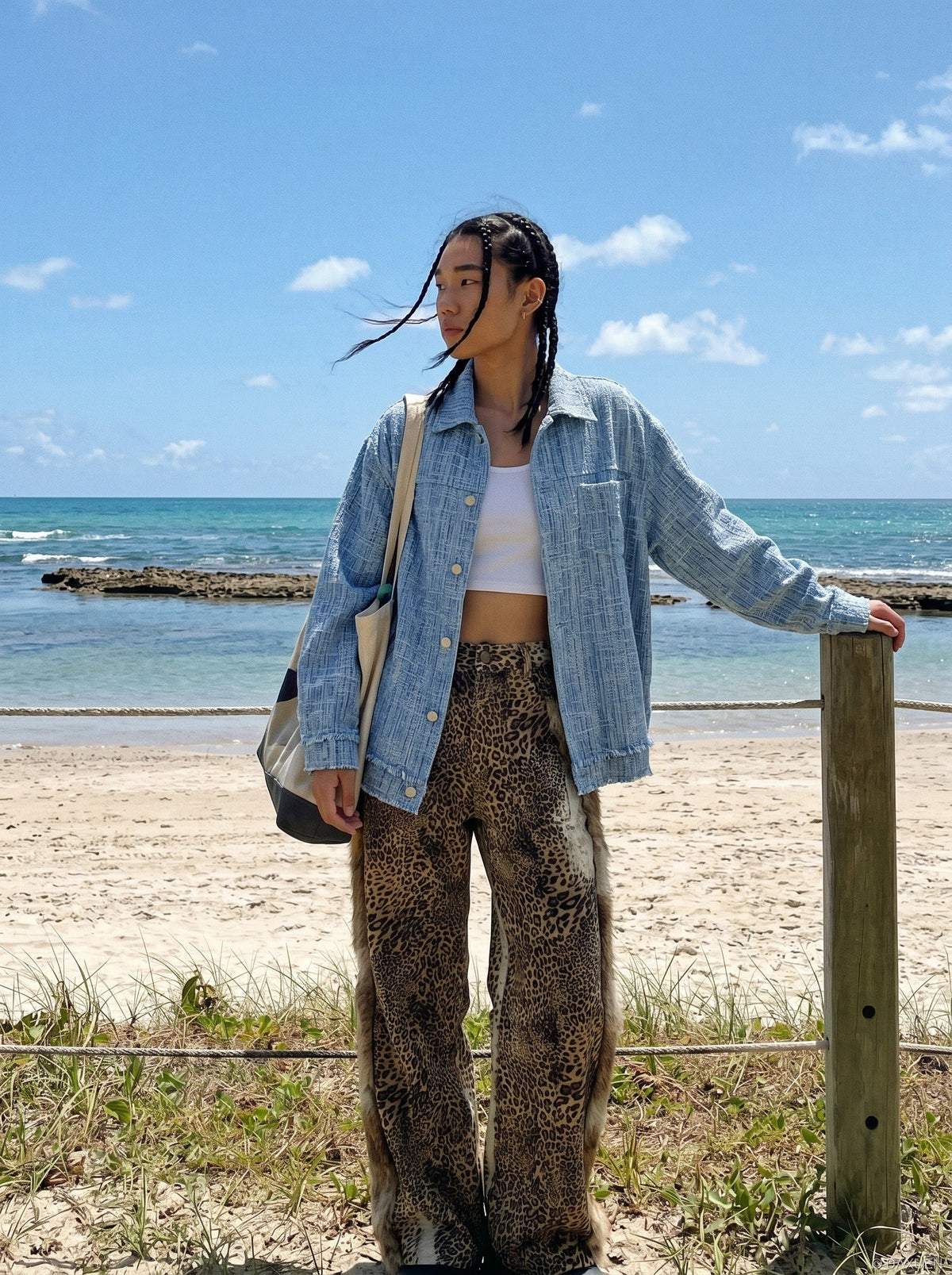 DAXUEN light blue textured oversized jacket — model photo