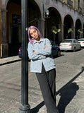 DAXUEN light blue textured oversized jacket — model photo