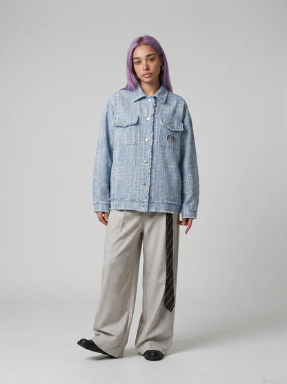 DAXUEN light blue textured oversized jacket — model photo