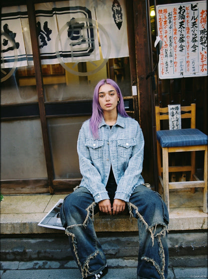 DAXUEN light blue textured oversized jacket — model photo