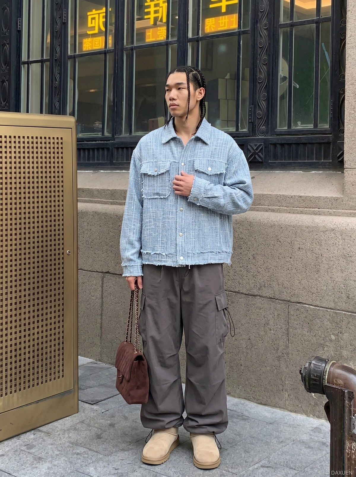 DAXUEN light blue textured oversized jacket — model photo