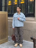 DAXUEN light blue textured oversized jacket — model photo