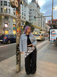 DAXUEN light blue textured oversized jacket — model photo