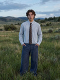 DAXUEN light blue vertical stripe shirt with tie — model photo