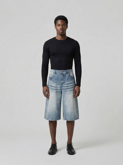 DAXUEN Light blue wide-leg denim culotte shorts — model photo