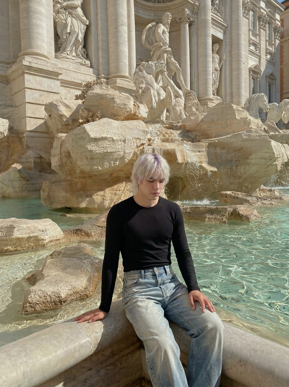 DAXUEN Light blue wide-leg denim jeans — model photo