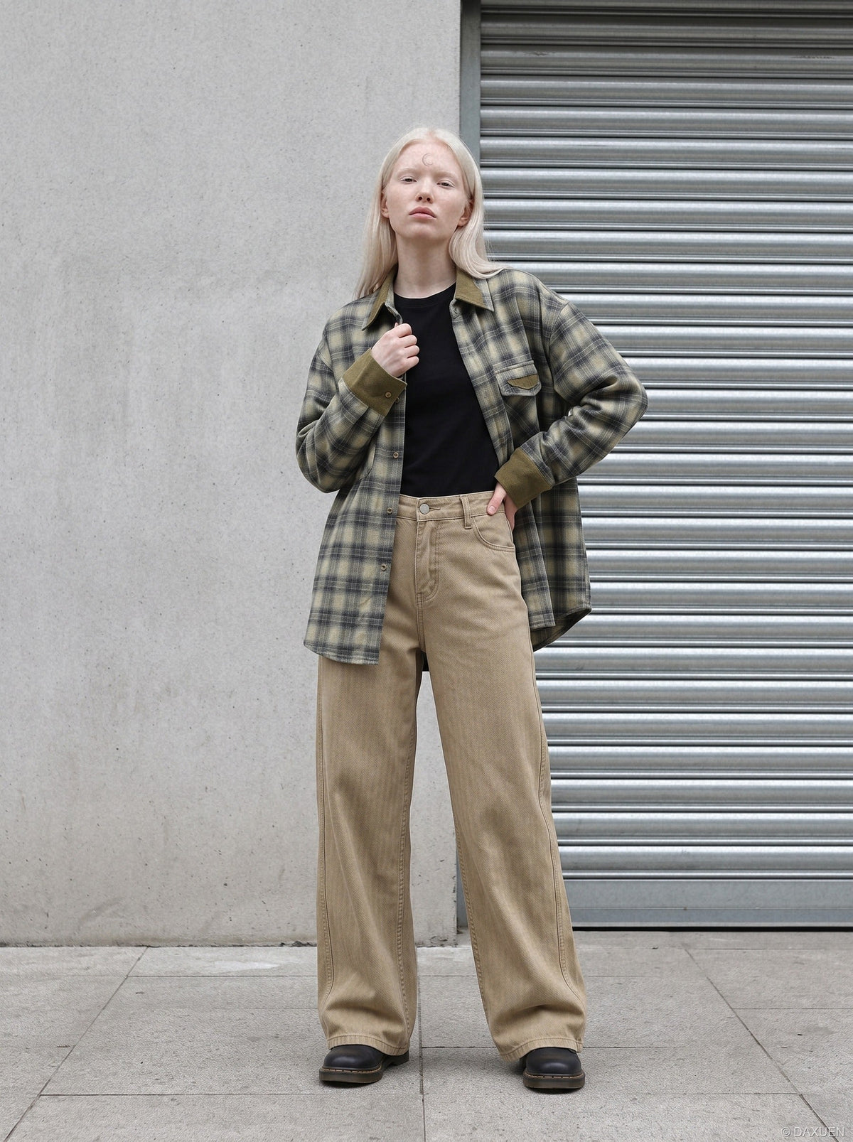 DAXUEN light brown herringbone wide-leg trousers — model photo