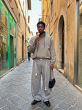 DAXUEN light greige oversized jacket with purple zippers — model photo