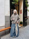 DAXUEN light greige oversized jacket with purple zippers — model photo