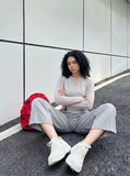 DAXUEN light grey wide-leg pinstripe culottes — model photo