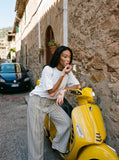 DAXUEN light grey wide-leg pants with front buttons — model photo
