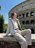 DAXUEN light taupe vertical pinstripe wide-leg trousers — model photo