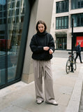 DAXUEN light taupe vertical pinstripe wide-leg trousers — model photo