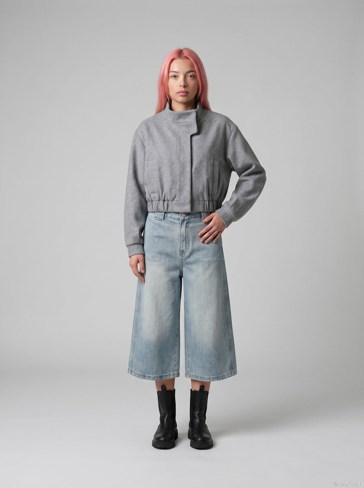 DAXUEN Light wash wide-leg denim culottes — model photo
