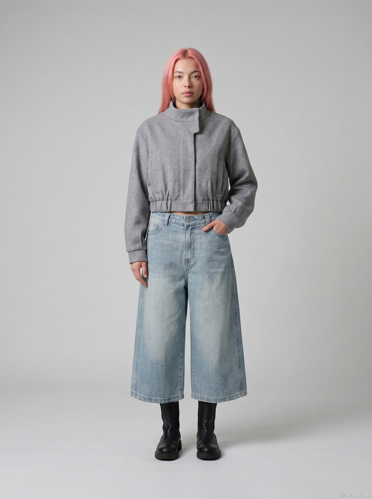 DAXUEN Light wash wide-leg denim culottes — model photo