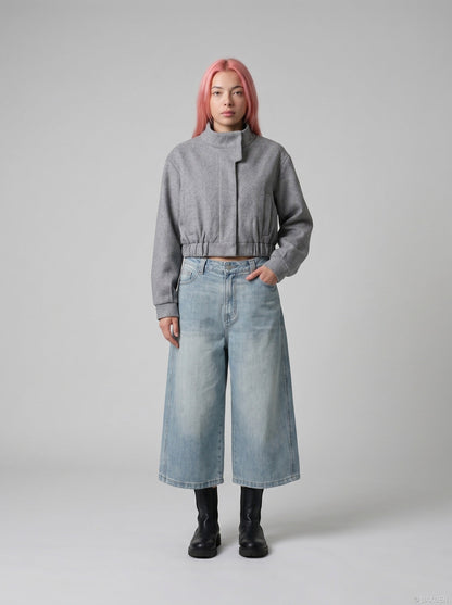 DAXUEN Light wash wide-leg denim culottes — model photo