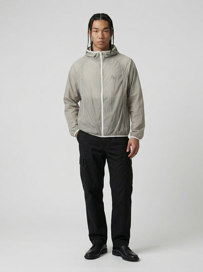 DAXUEN Lightweight hooded jacket in light grey and black — model photo