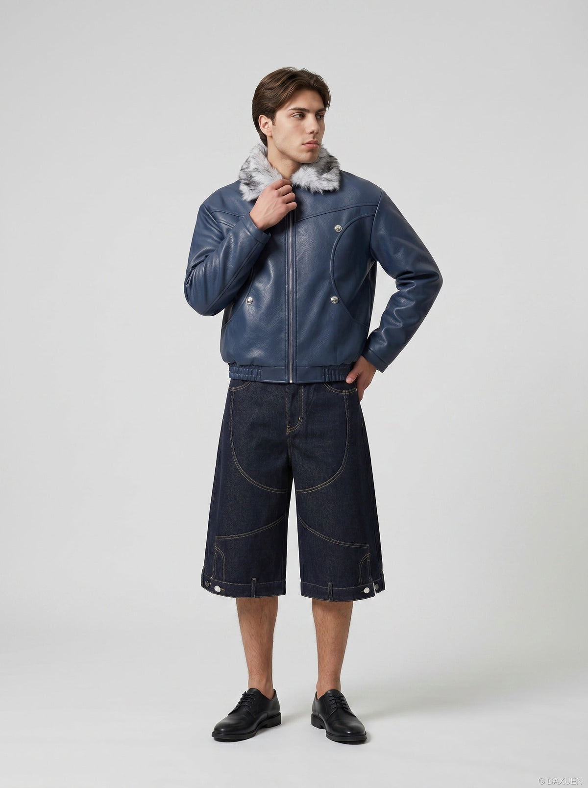 DAXUEN Wide-leg denim shorts with embroidery and contrasting stitching — model photo