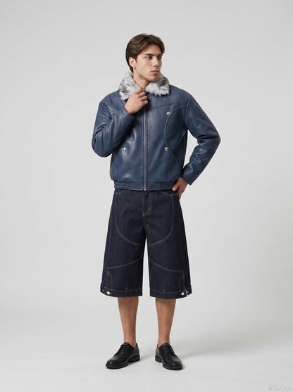 DAXUEN Wide-leg denim shorts with embroidery and contrasting stitching — model photo