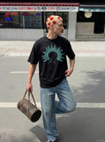 DAXUEN white oversized human head silhouette graphic tee — model photo