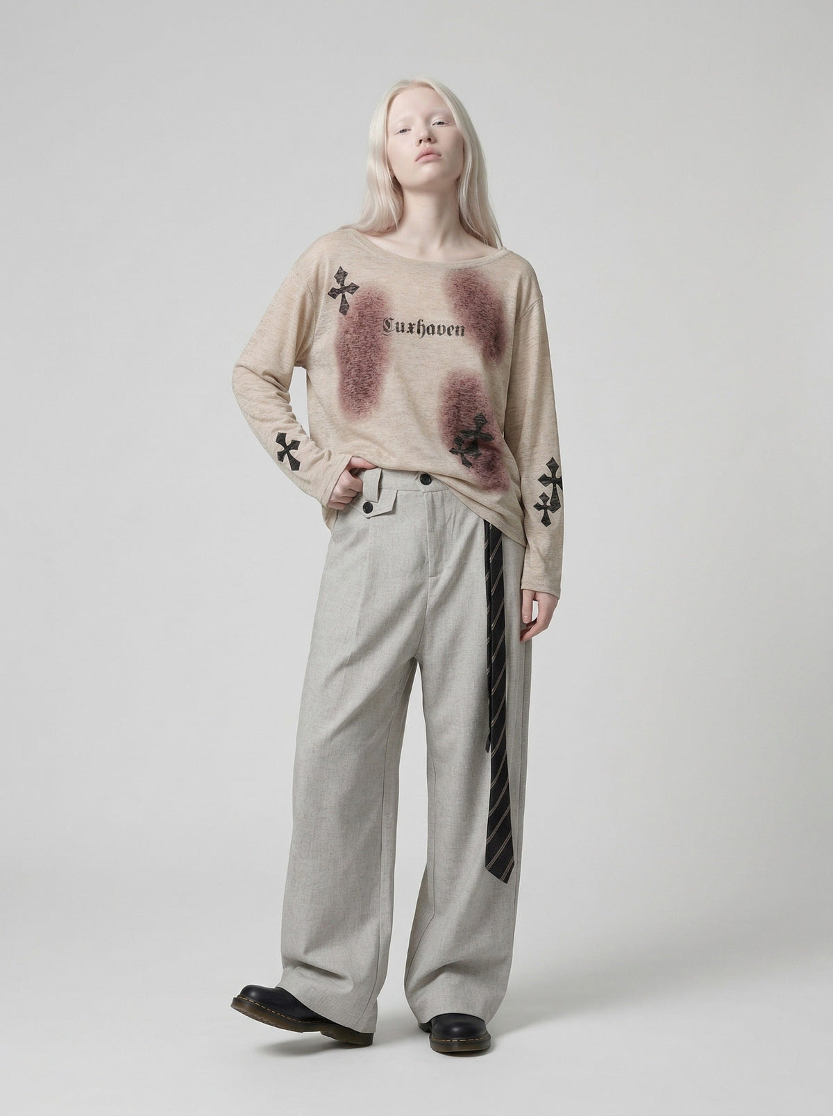 DAXUEN Luxhaven Gothic Cross Long Sleeve Top — model photo