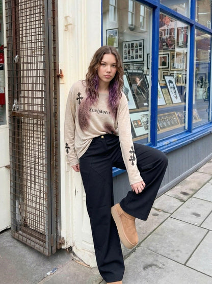DAXUEN Luxhaven Gothic Cross Long Sleeve Top — model photo