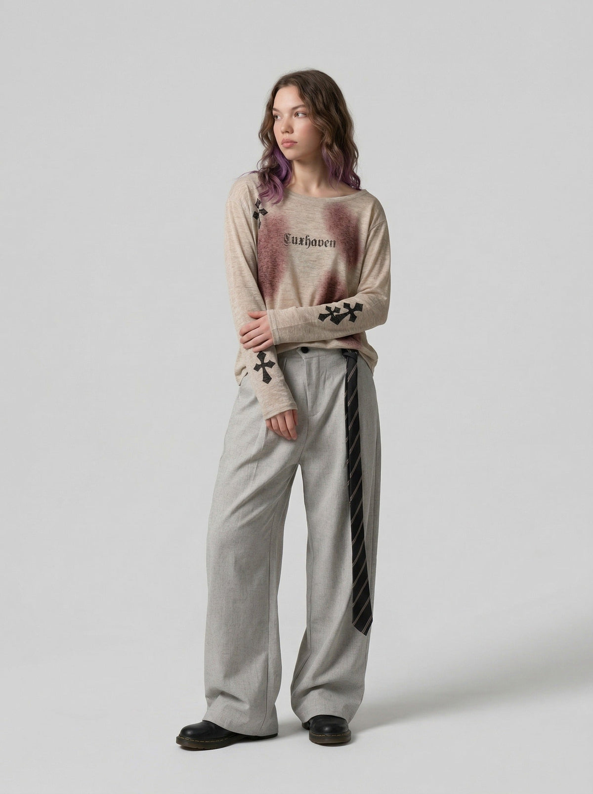 DAXUEN Luxhaven Gothic Cross Long Sleeve Top — model photo