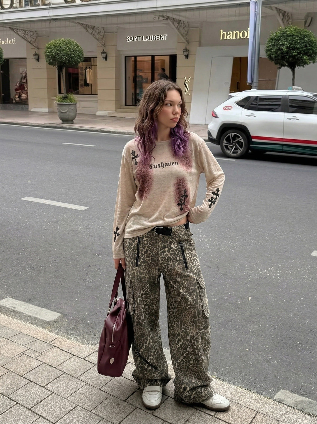 DAXUEN Luxhaven Gothic Cross Long Sleeve Top — model photo