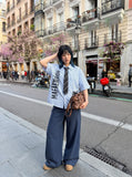 DAXUEN Striped oversized short-sleeve button-down shirt — model photo