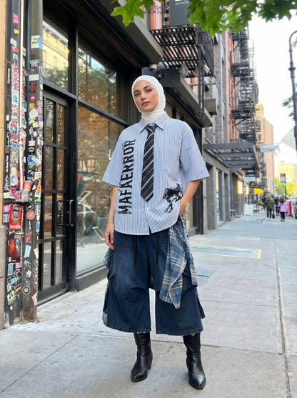 DAXUEN Striped oversized short-sleeve button-down shirt — model photo