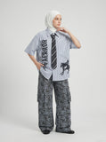 DAXUEN Striped oversized short-sleeve button-down shirt — model photo
